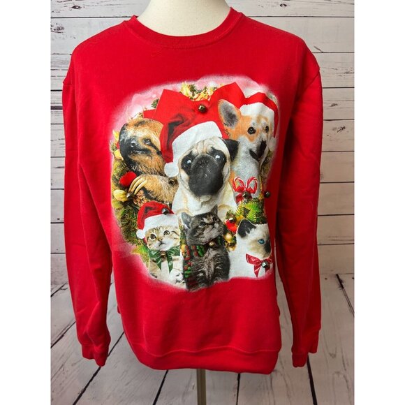 Ugly Christmas Sweater Dogs Cats Pug Dog Womens Sweatshirt Large Fifth Sun Bells - Picture 7 of 7
